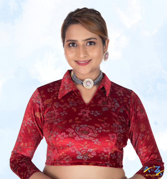Maroon Velvet Blouse with Floral Prints