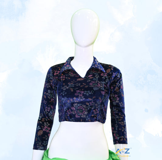 Navy Blue Velvet Blouse with Floral Prints