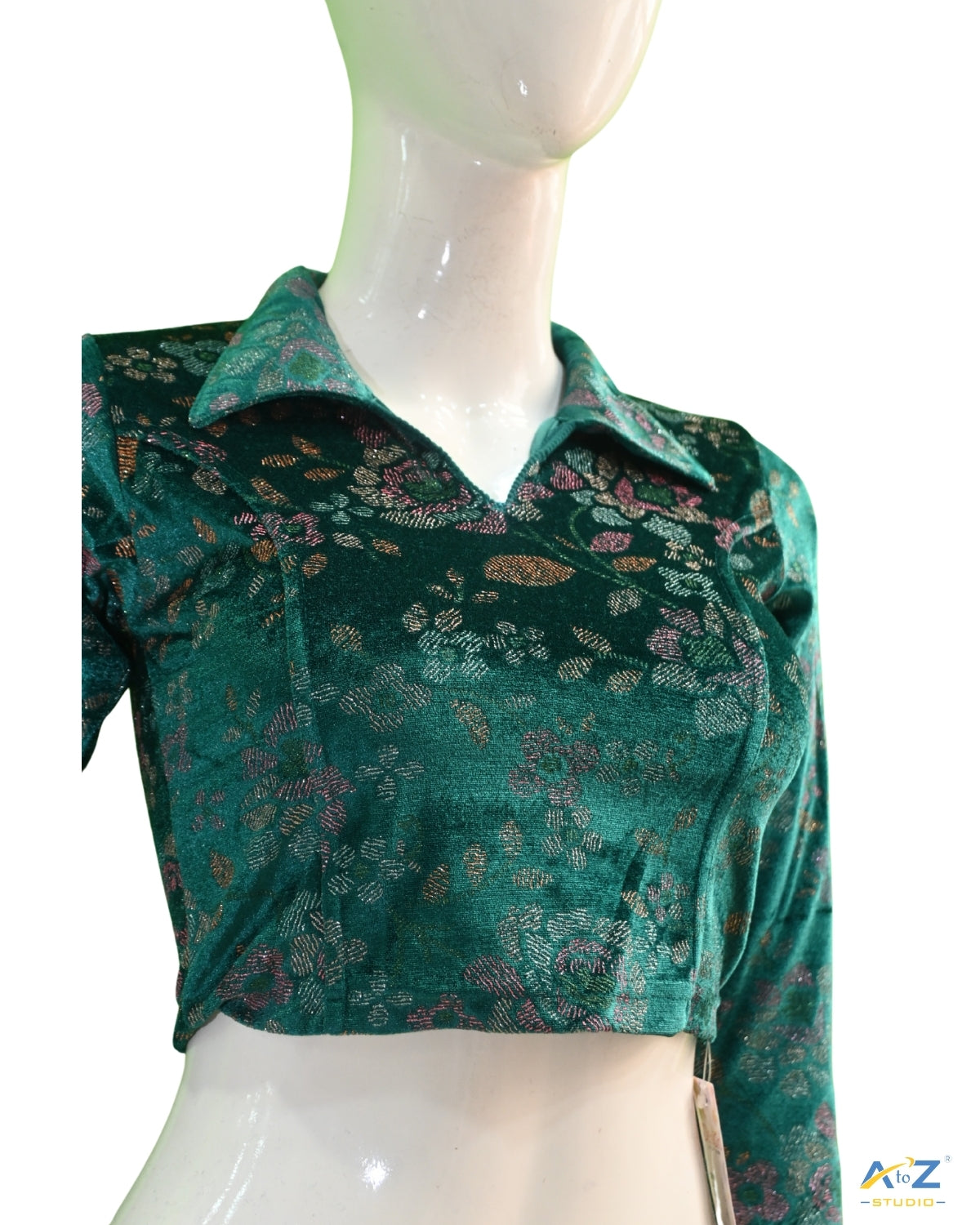 Rama Green Velvet Blouse with Floral Prints