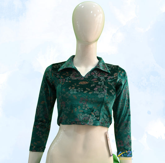 Rama Green Velvet Blouse with Floral Prints