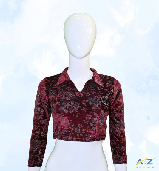 Wine  Velvet Blouse with Floral Prints