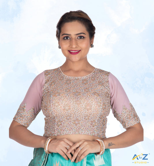 Cream Tissue Lycra Blouse with Multi-Color Jeri Design