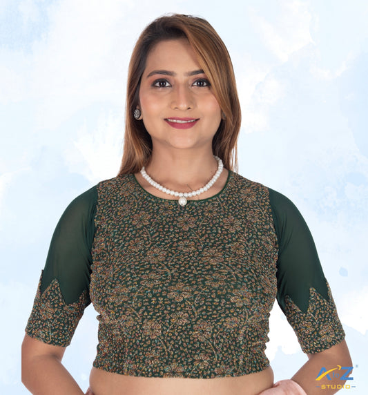 Dark Green Tissue Lycra Blouse with Multi-Color Jeri Design