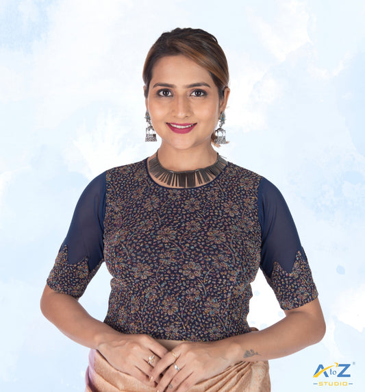Navy Blue Tissue Lycra Blouse with Multi-Color Jeri Design