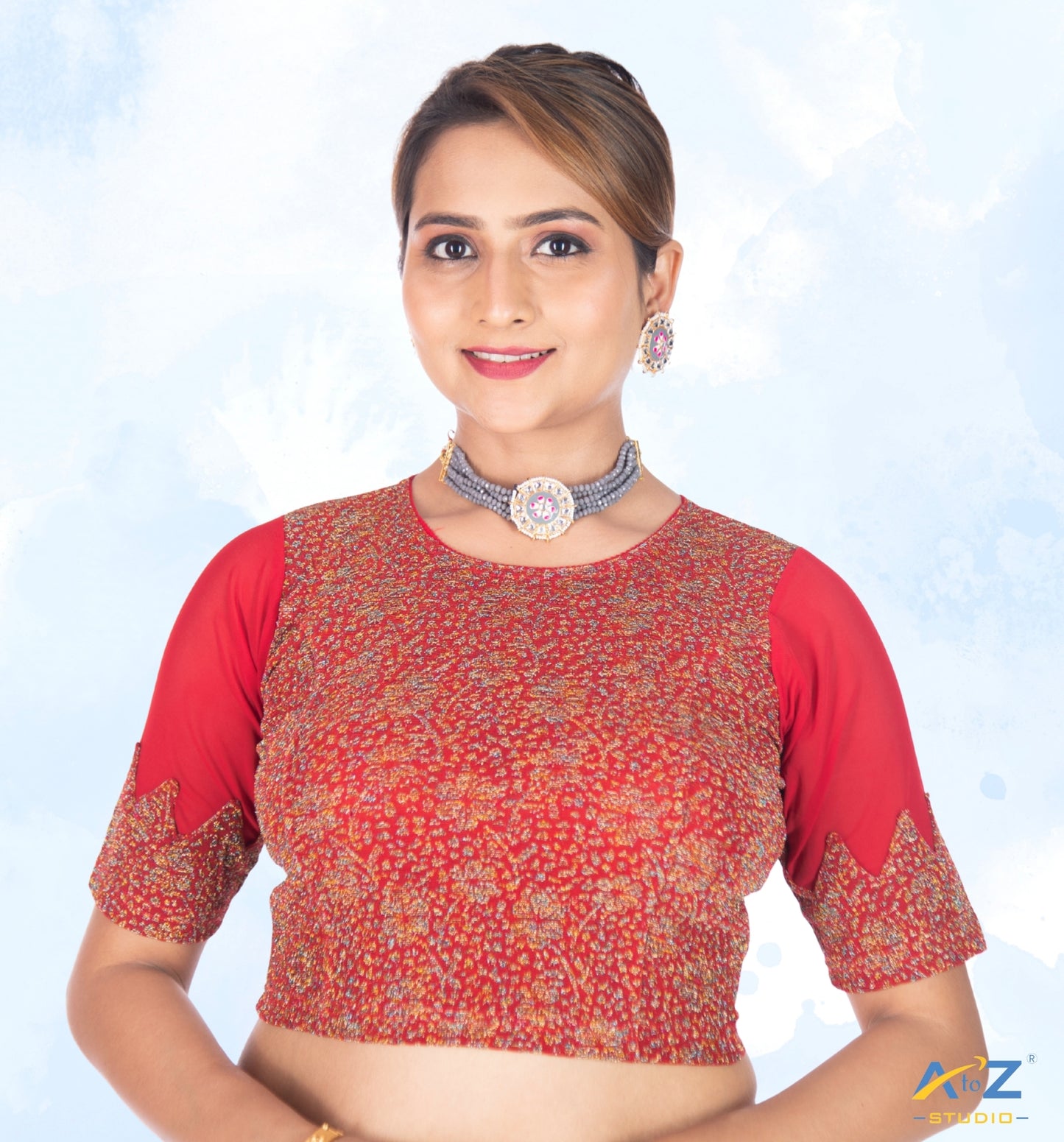 Red Tissue Lycra Blouse with Multi-Color Jeri Design