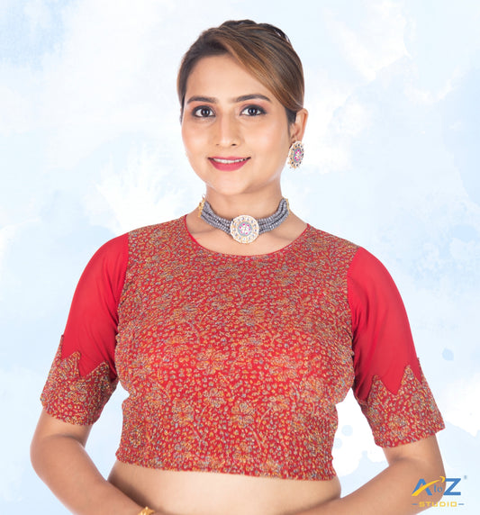 Red Tissue Lycra Blouse with Multi-Color Jeri Design