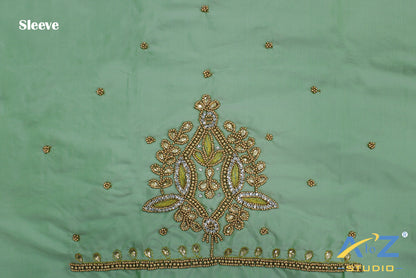 Light Spring Green Silk Blouse Piece With Aari Work