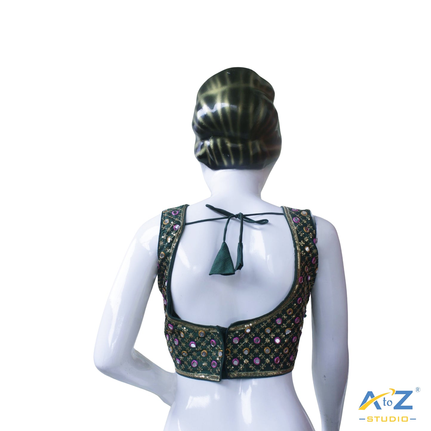 Hand-Embroidered Bottle Green blouse with sequin & Mirror work.