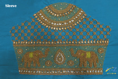 Dark Aqua Silk Blouse Piece With Aari Work