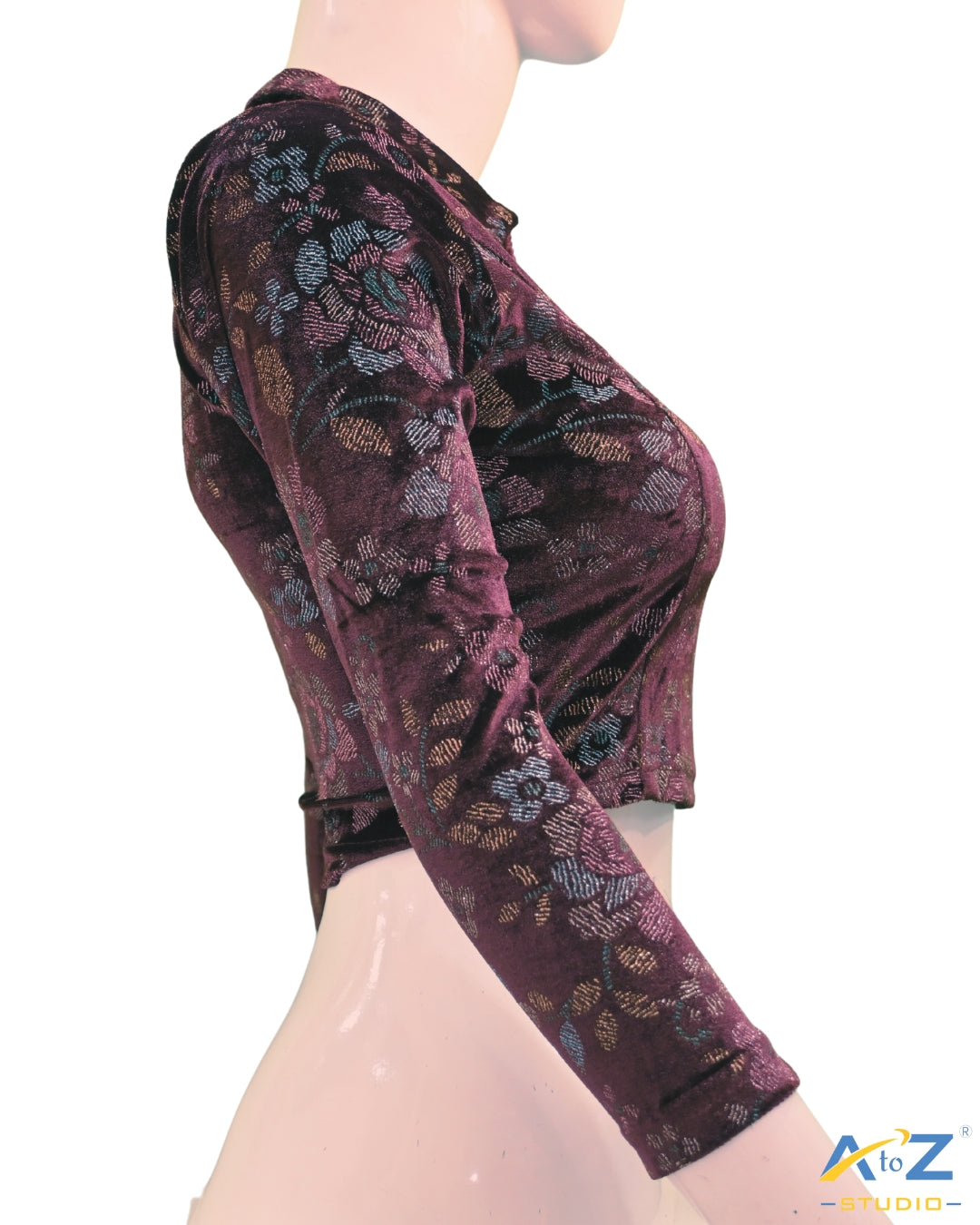 Wine  Velvet Blouse with Floral Prints