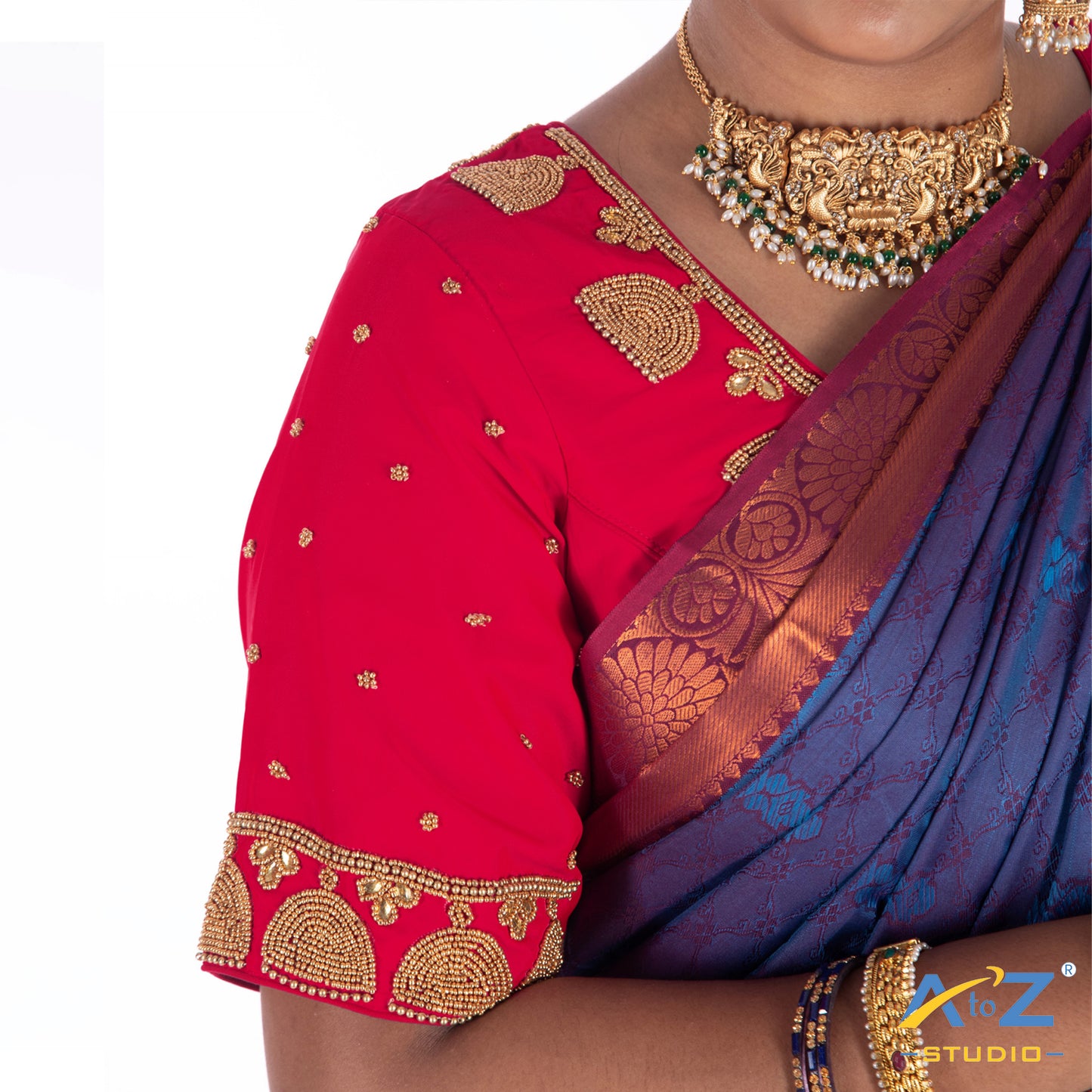 Punch Pink Silk Cloth Blouse with Jhumka design with chain Design