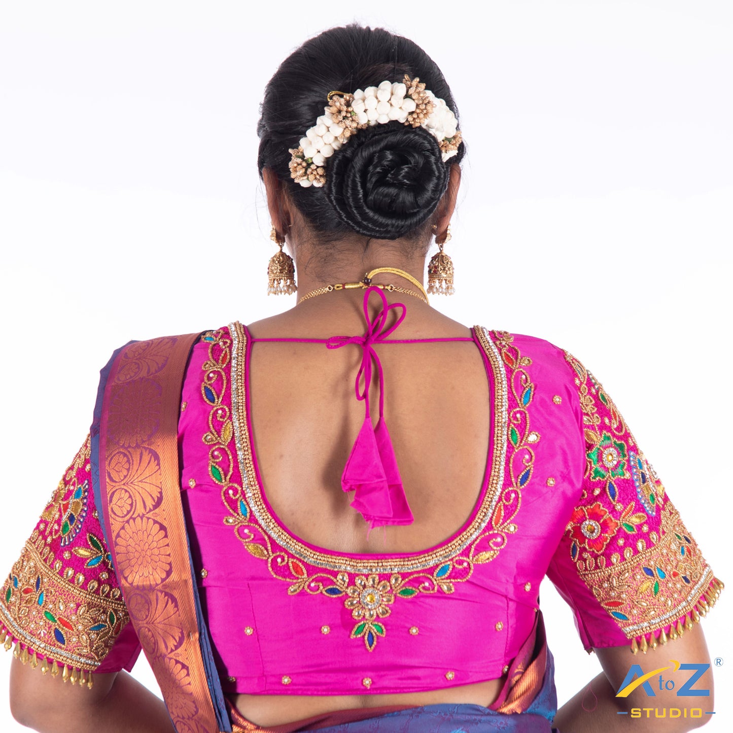 Bright Pink Silk Cloth Blouse with Flower and leaf pattern Design