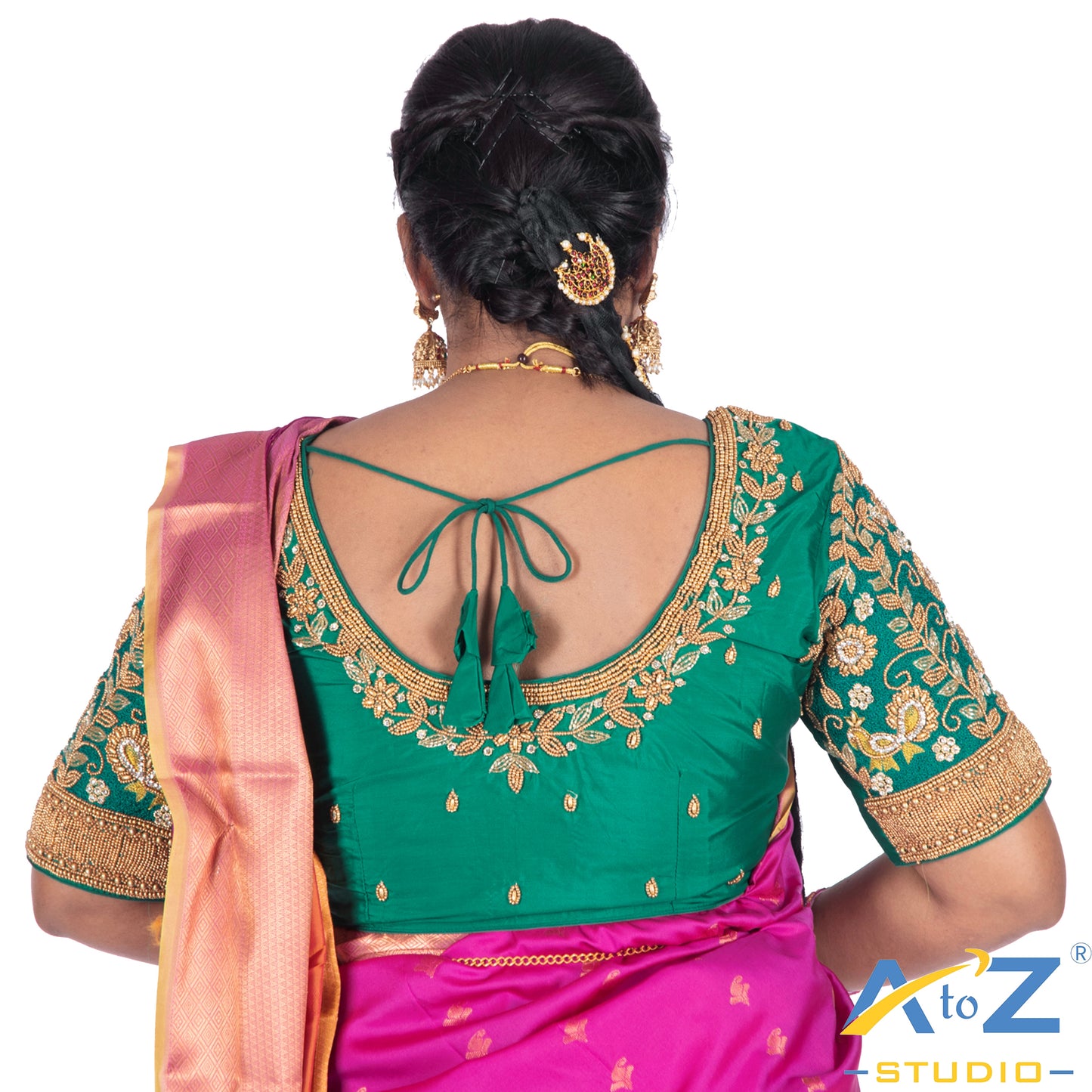 Rama Green with Aari Work Blouse with leaf and flower mixed Design