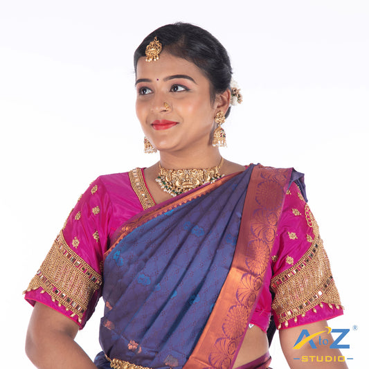 Fuchsia  Silk Cloth Blouse with Small peacock ,chain and mirror Design