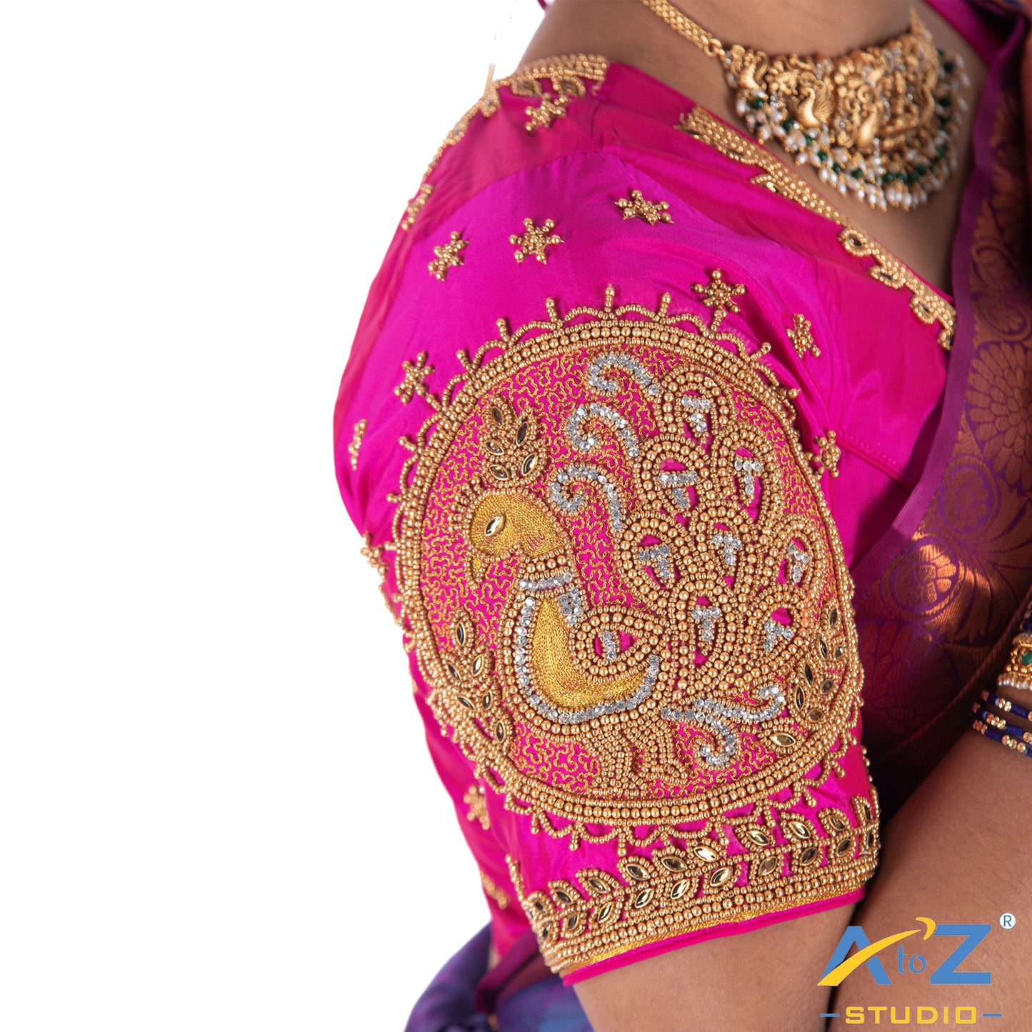 Fuchsia Silk Cloth Blouse with Big peacock in circle Design