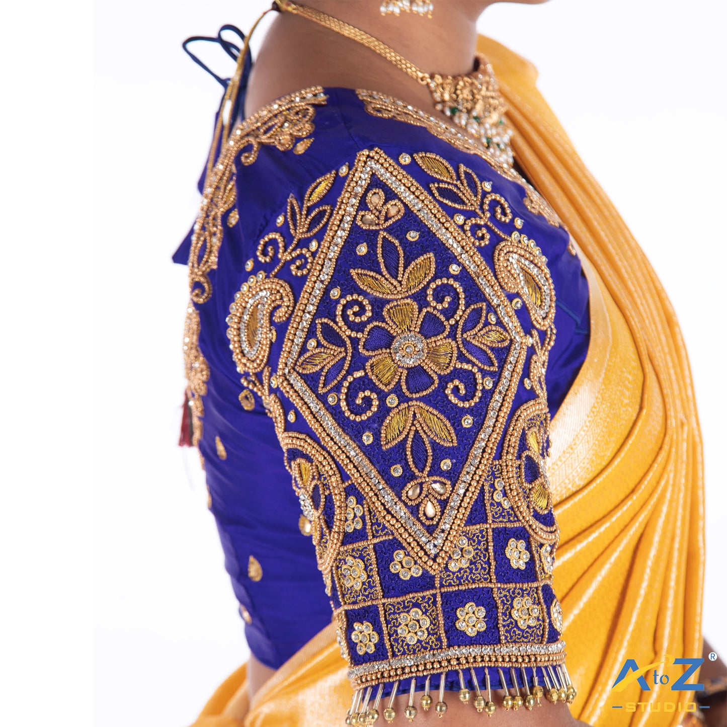 Royal Blue Silk Cloth Blouse with Kite with Flower Design
