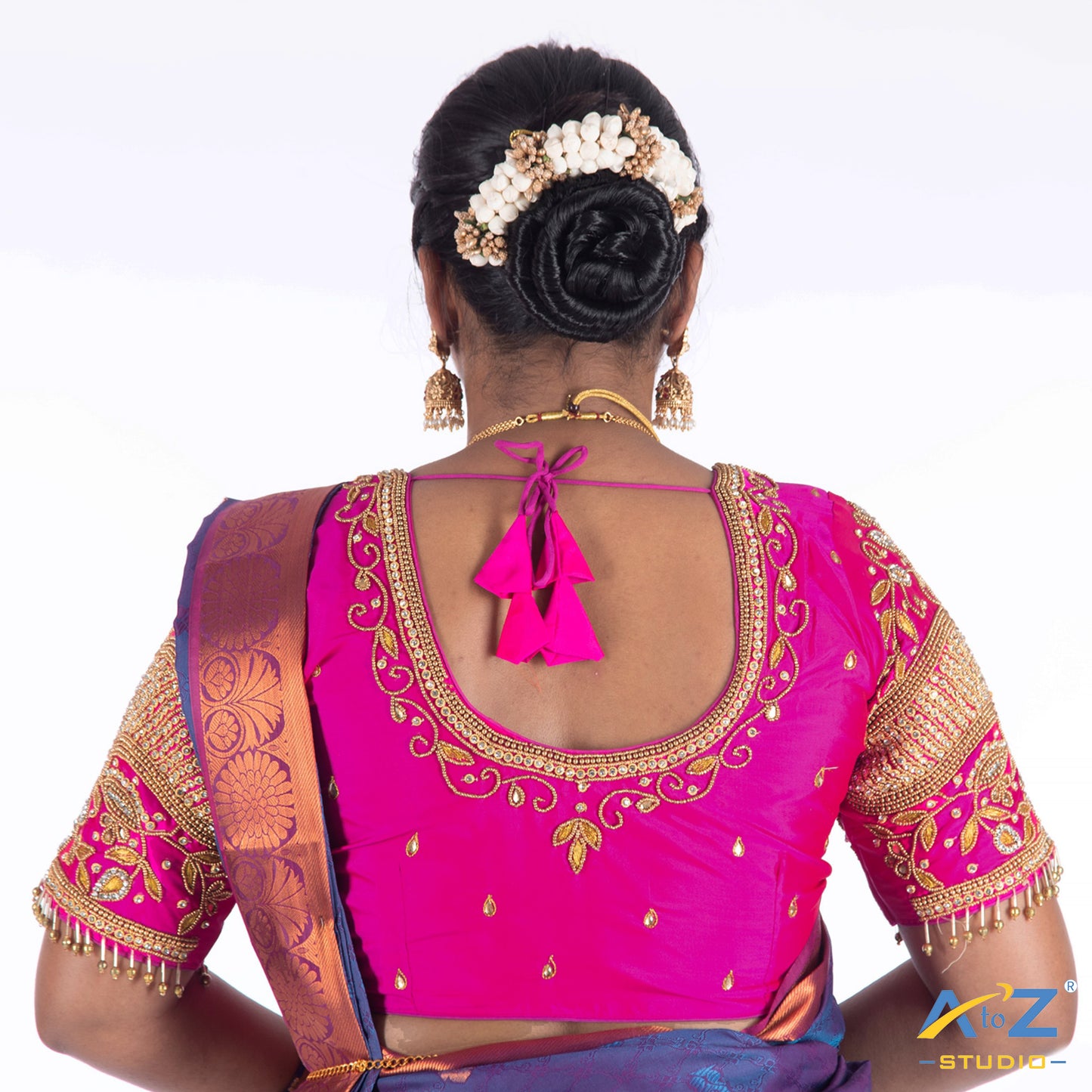 Bright Pink Silk Cloth Blouse with Drop, kubdan and leafs Design