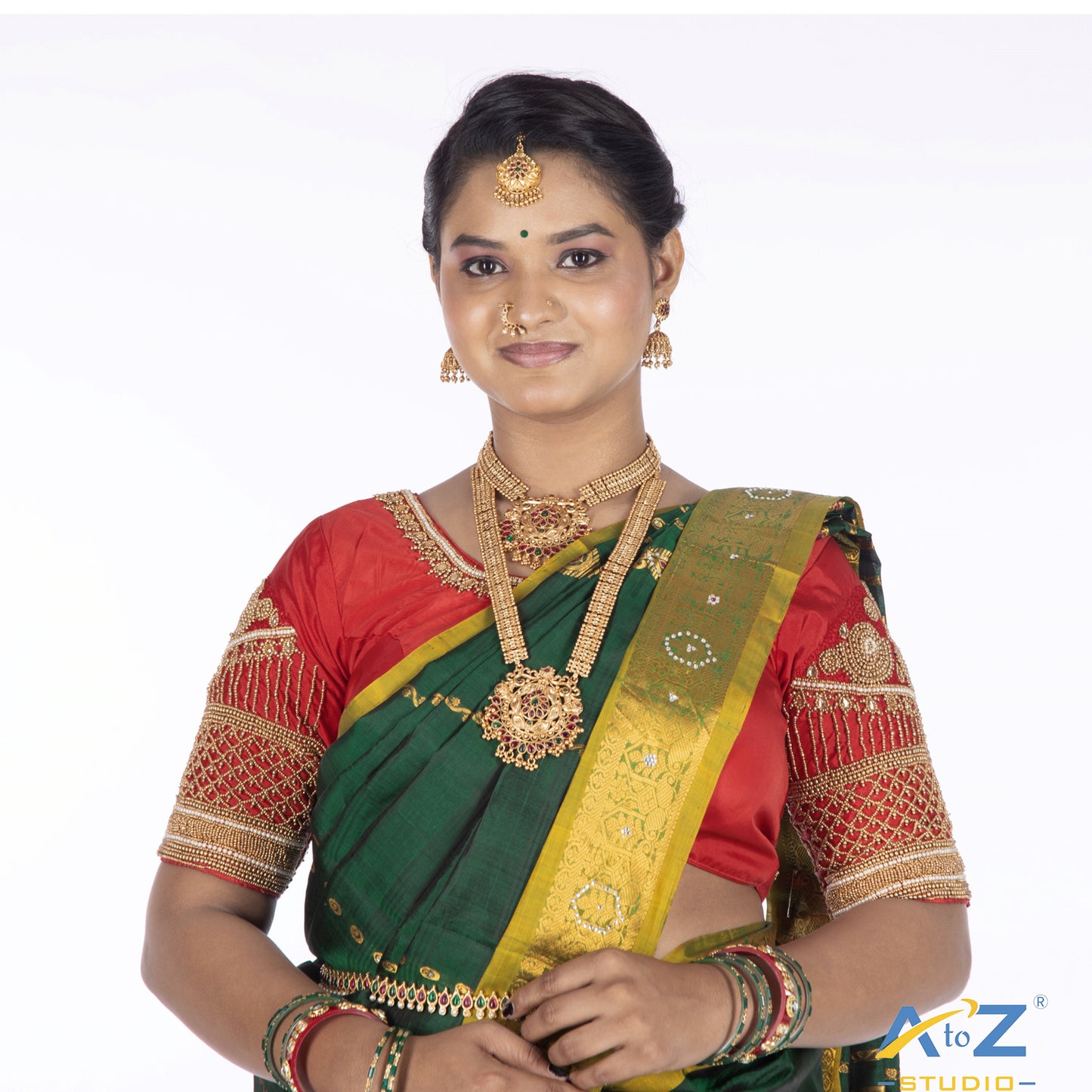 Red Silk Cloth Blouse with Jumka with chain crizz cross Design