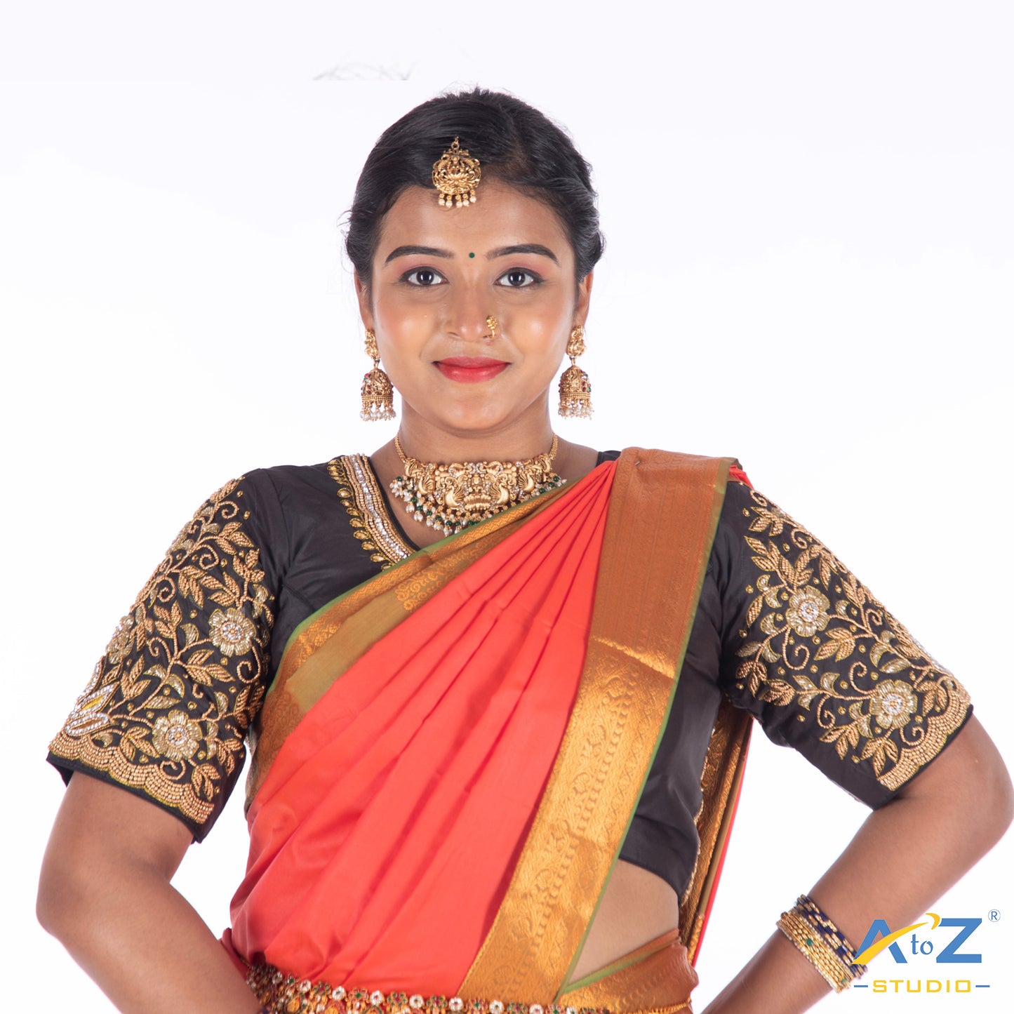 Black Silk Cloth Blouse with (double big peacock at back ) ( flower and leaf at sleeves) Design