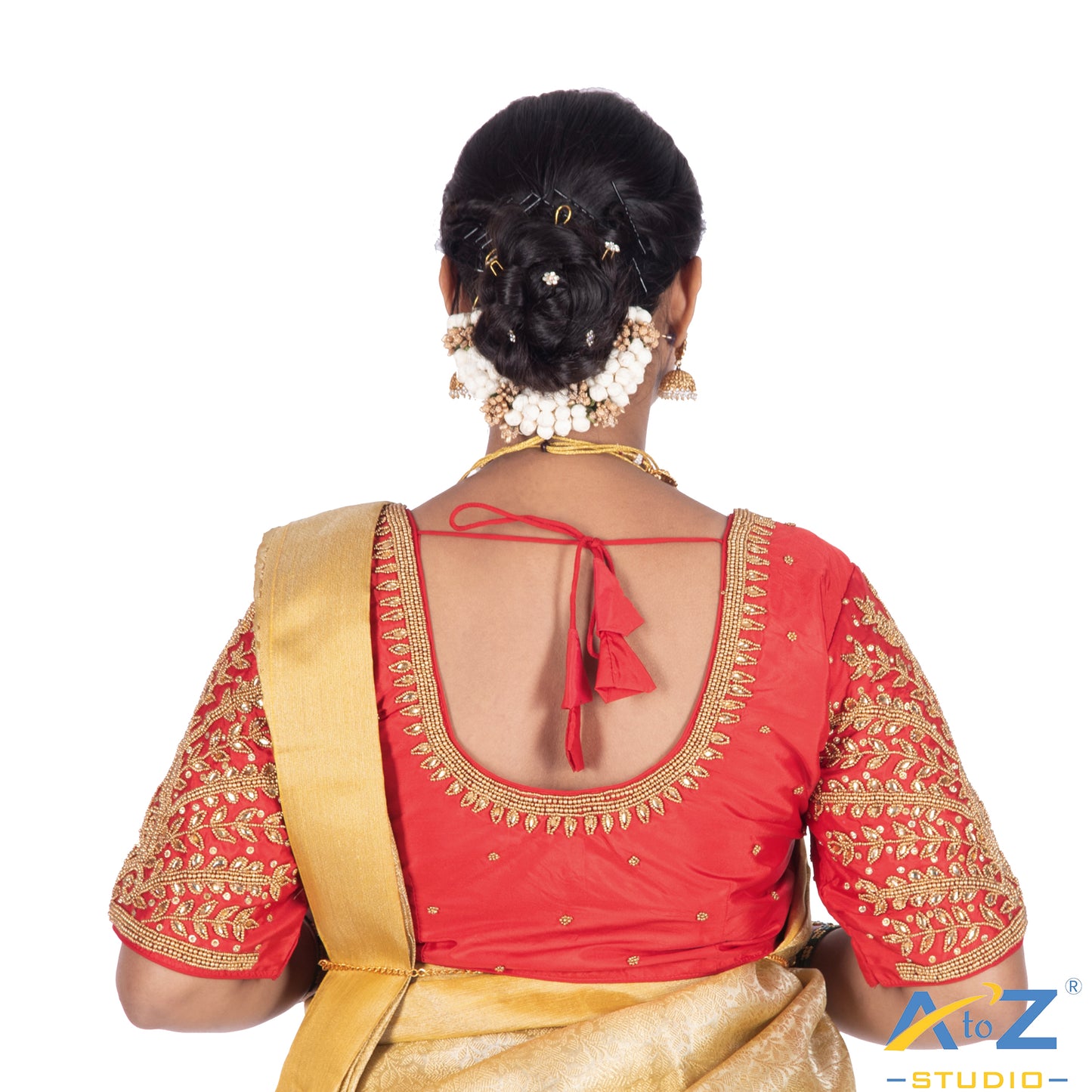 Light Red Tissue / Gold Work Blouse with Small leaf (like flower pot) and chain work Design
