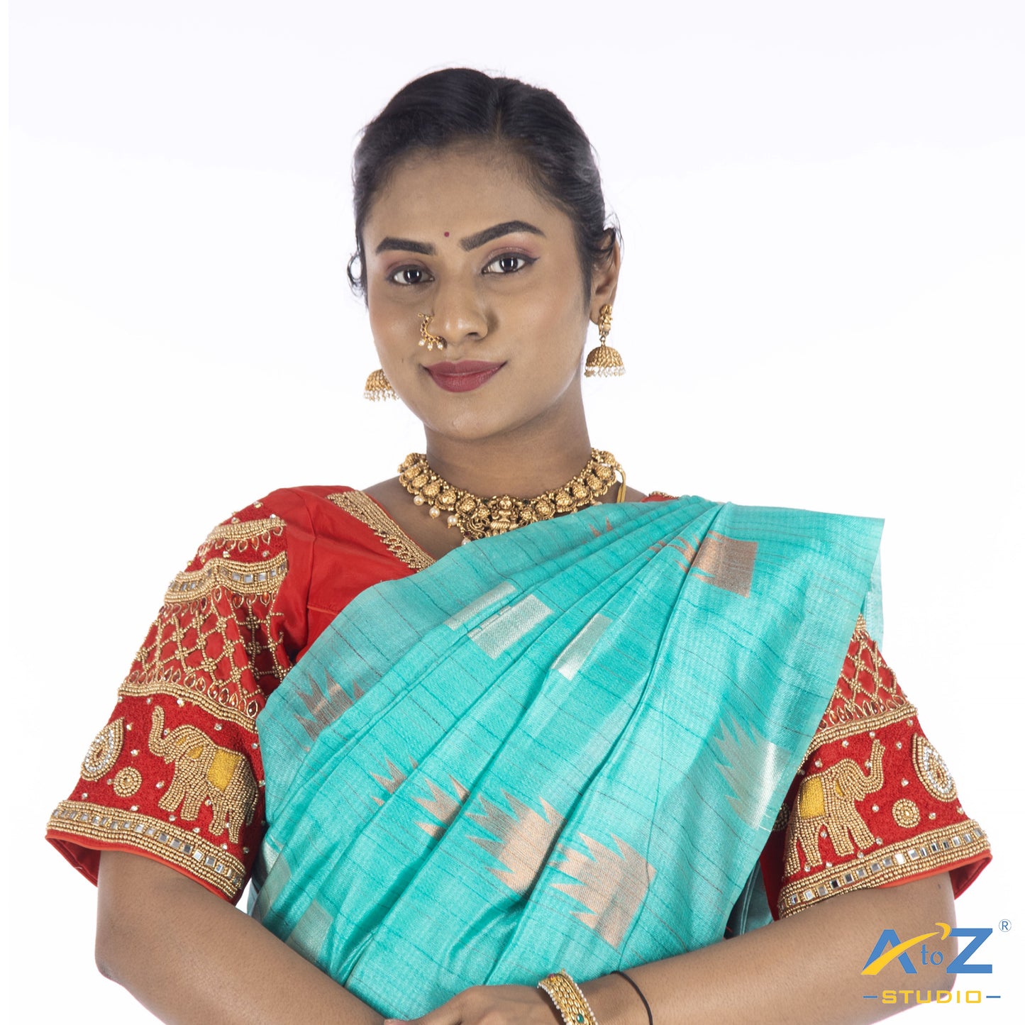 Red Silk Cloth Blouse with Elephant and chain design Design