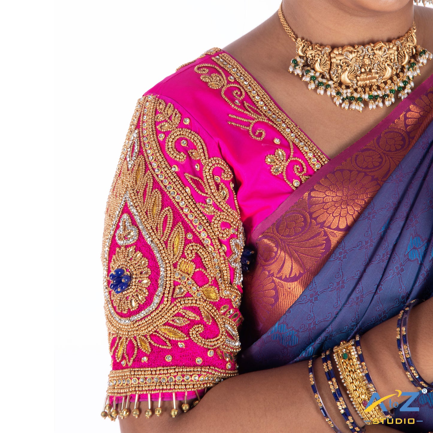 Bright Pink Silk Cloth Blouse with Rain drop nd kundan Design