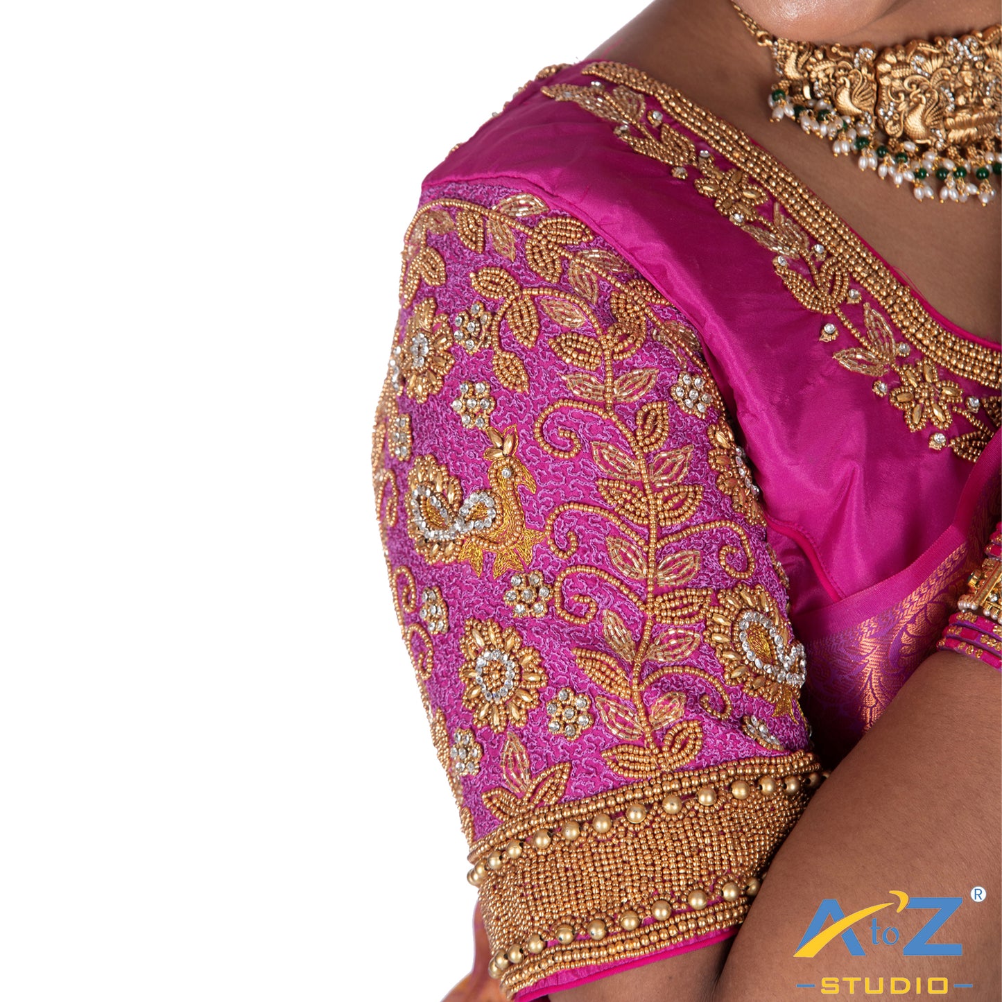 Fuchsia Pink with Aari Work Blouse with leaf and flower mixed Design