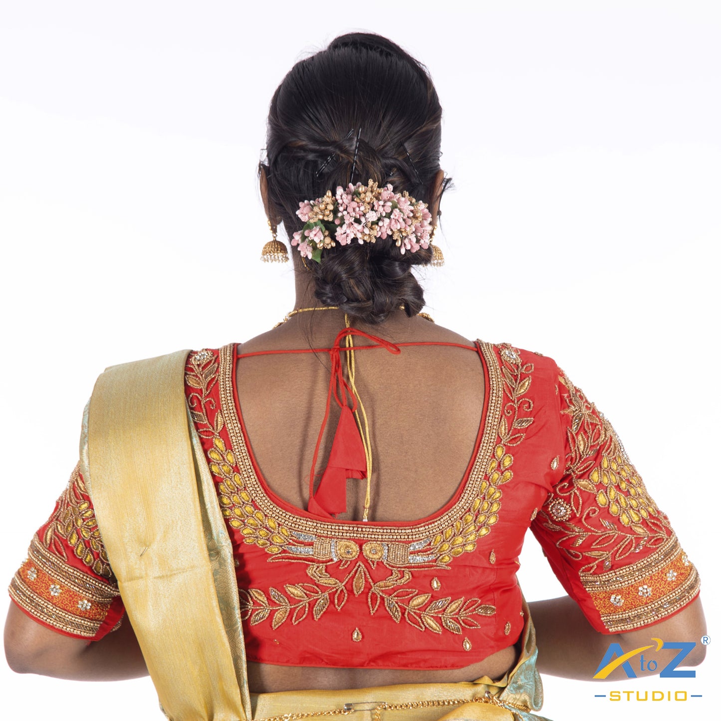 Light Red Silk Cloth Blouse with Flower and Leaf with pearl and chain Design