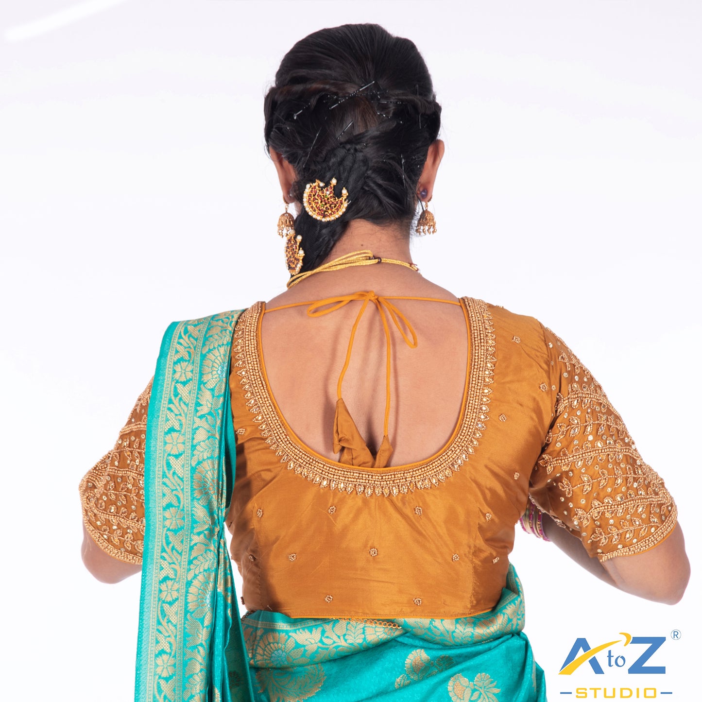 Honey Tissue / Gold Work Blouse with Small leaf (like flower pot) and chain work Design