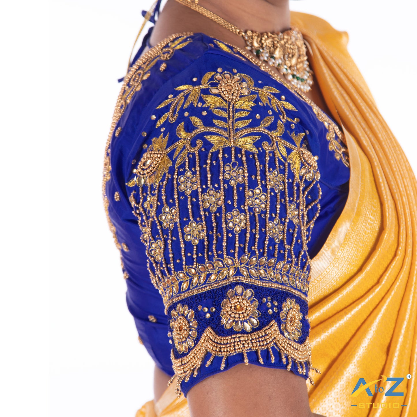 Royal Blue Silk Cloth Blouse with Flower and chain Design
