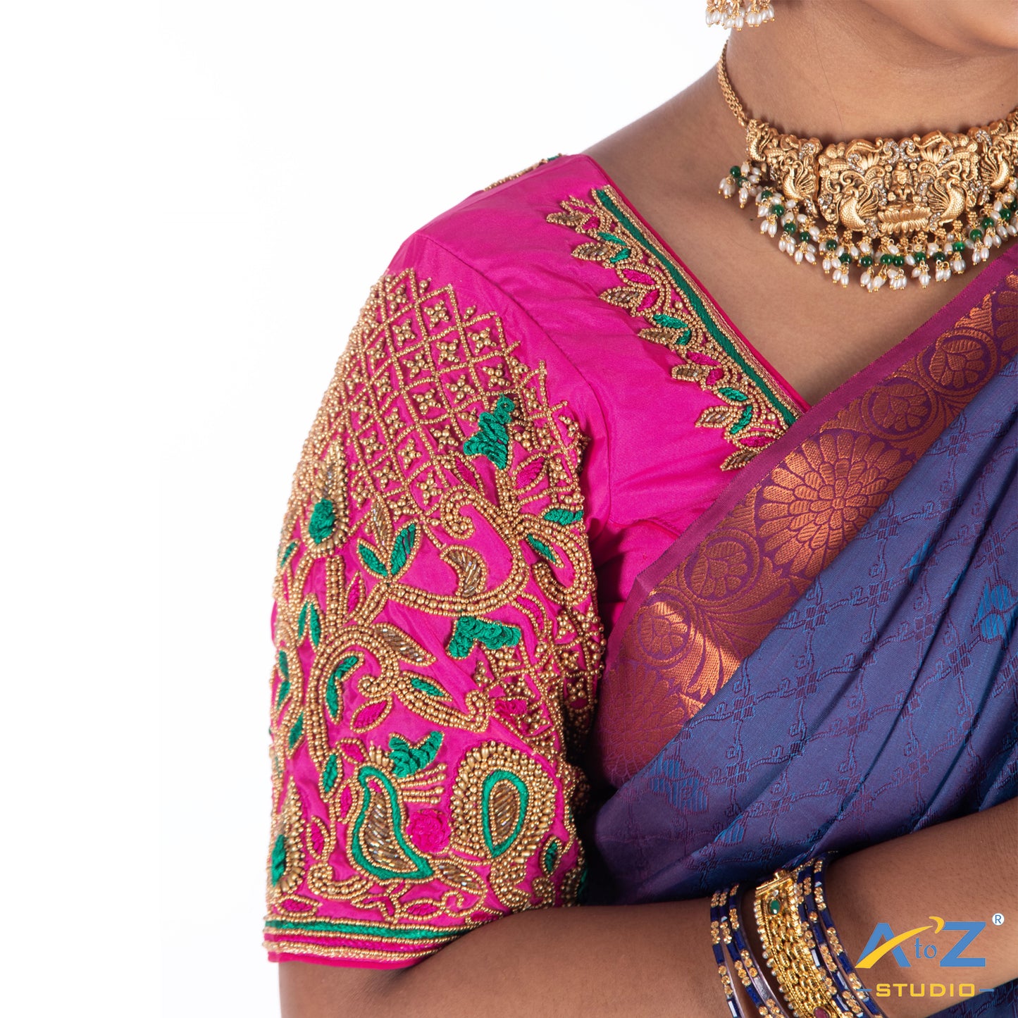 Bright Pink Silk Cloth Blouse with Bird and leafs and flowers Design