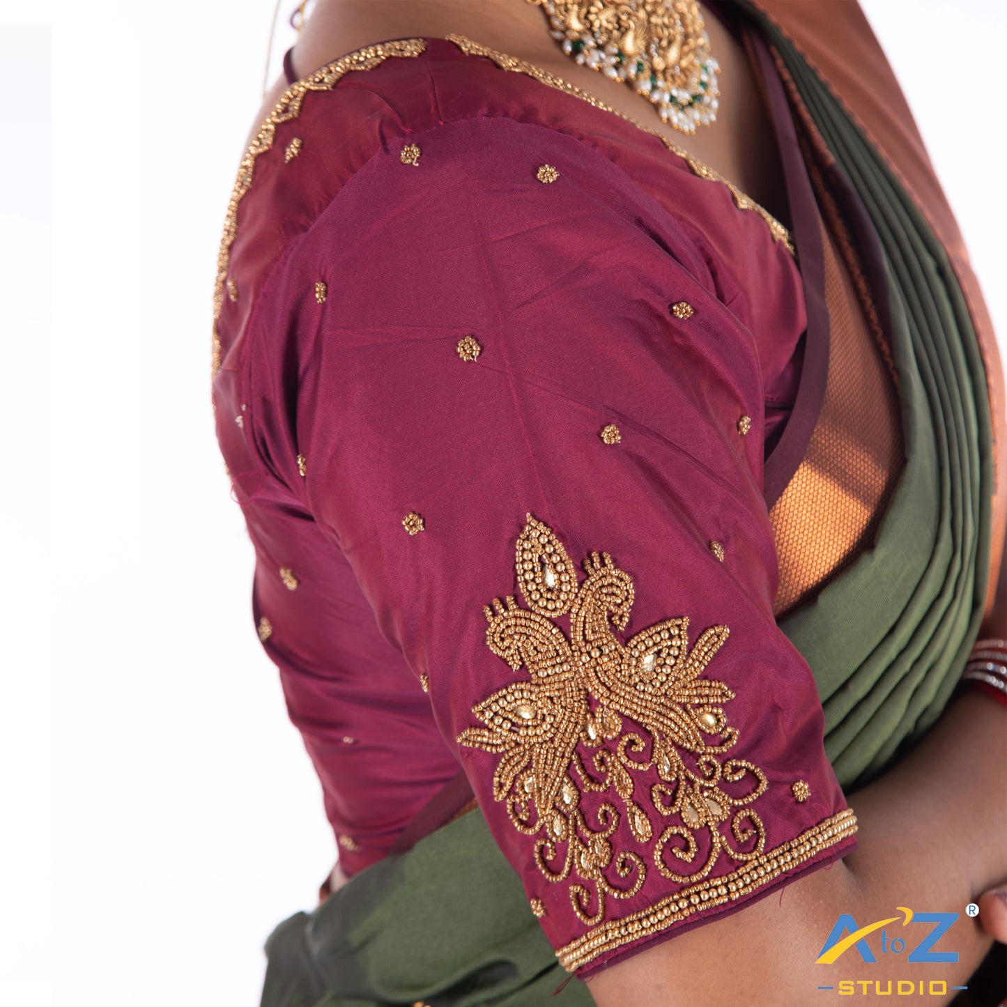 Pink Wine Silk Cloth Blouse with Chain double peacock Design