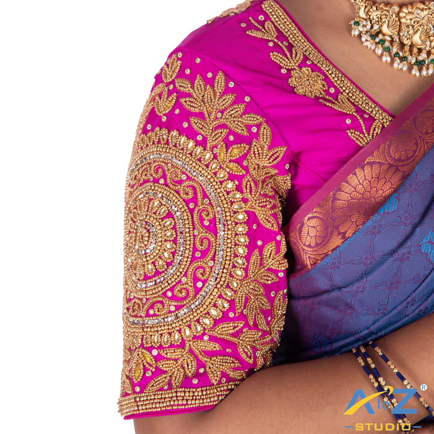 Fuchsia Silk  Blouse with Circle and kundan work Design