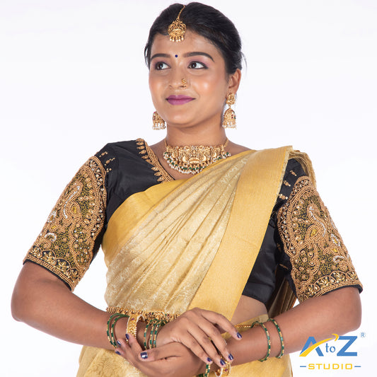 Black Silk Cloth Blouse with Double Peacock Design