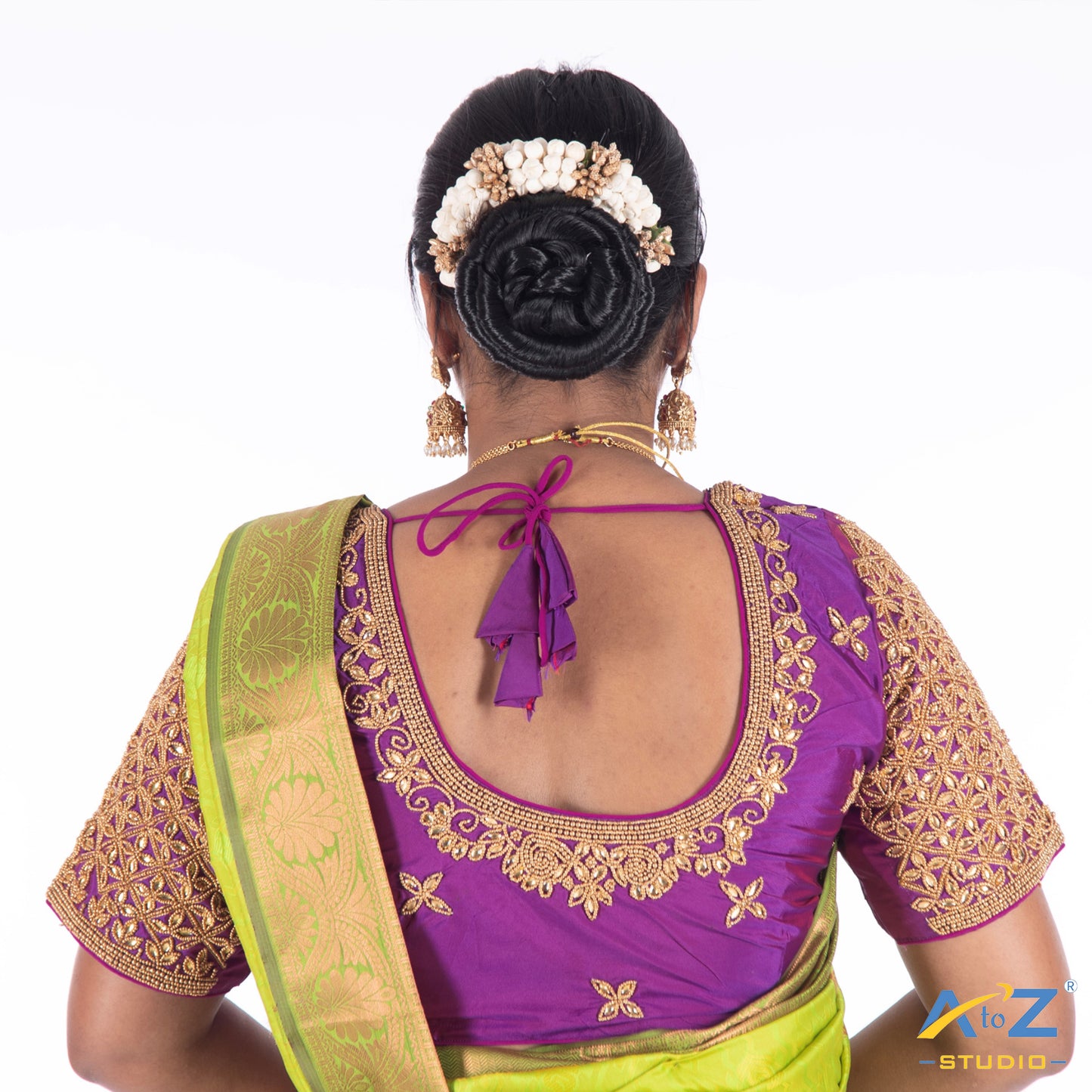 Bright Purple Silk Cloth Blouse with Kundan flower Design Design