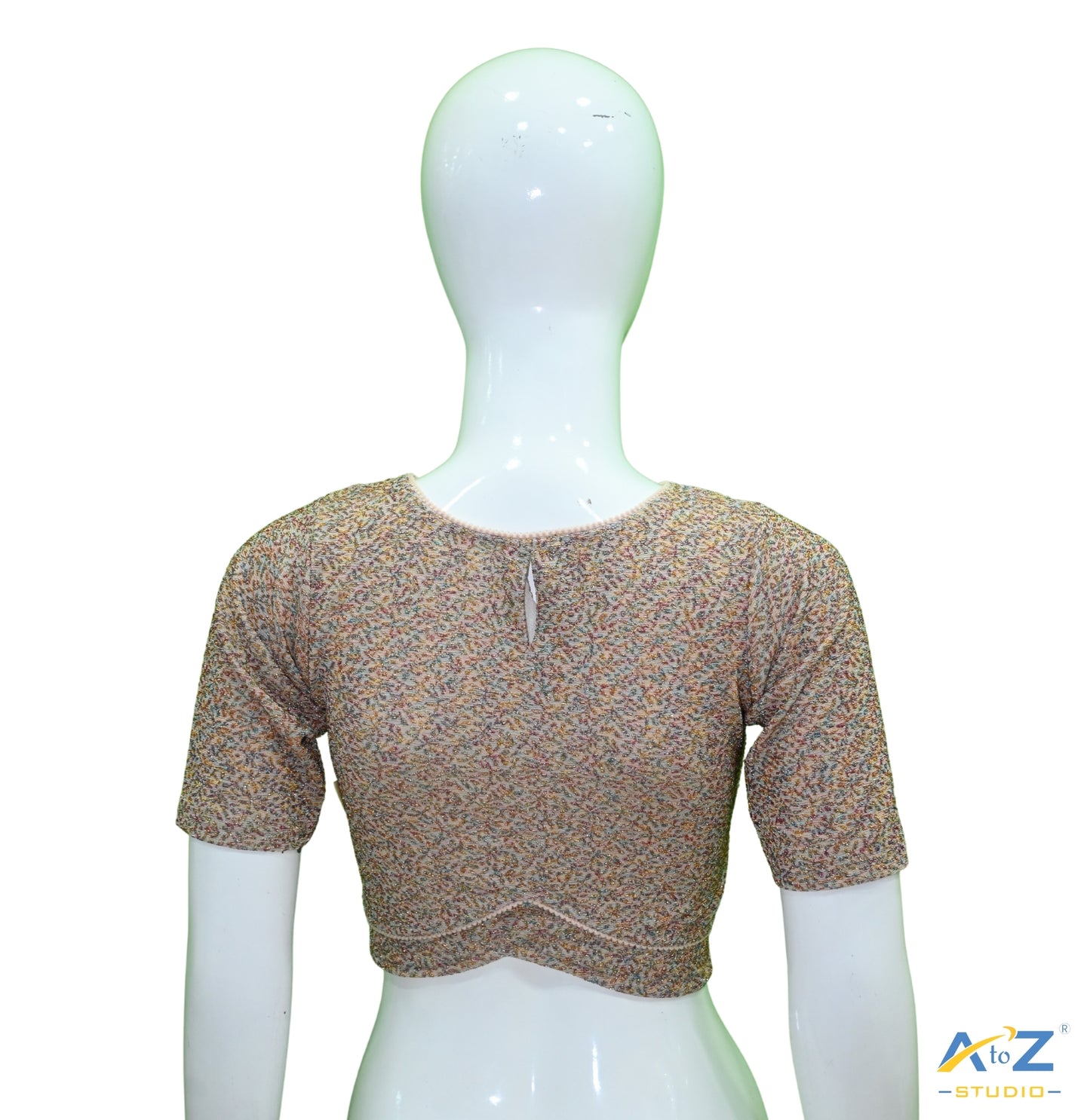 Cream  Metallic Lycra Boat Neck Blouse