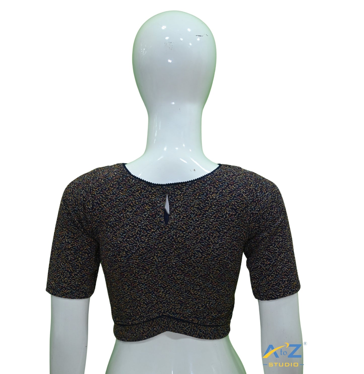 Navy Blue  Metallic Lycra Boat Neck Blouse