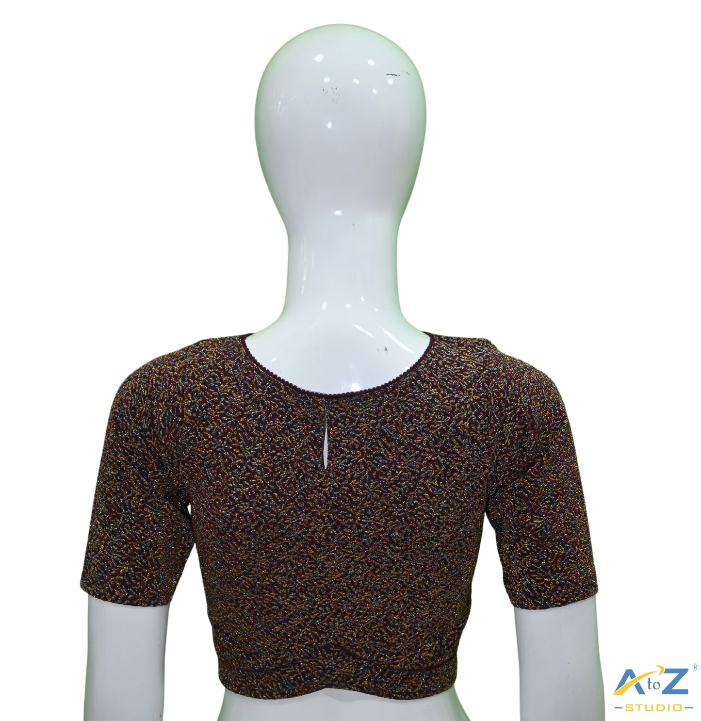 Wine Metallic Lycra Boat Neck Blouse