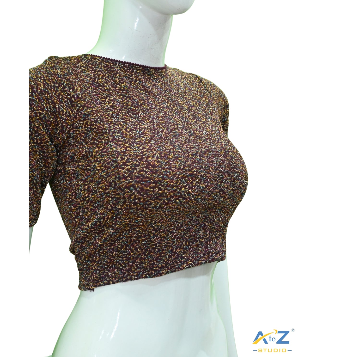 Wine Metallic Lycra Boat Neck Blouse