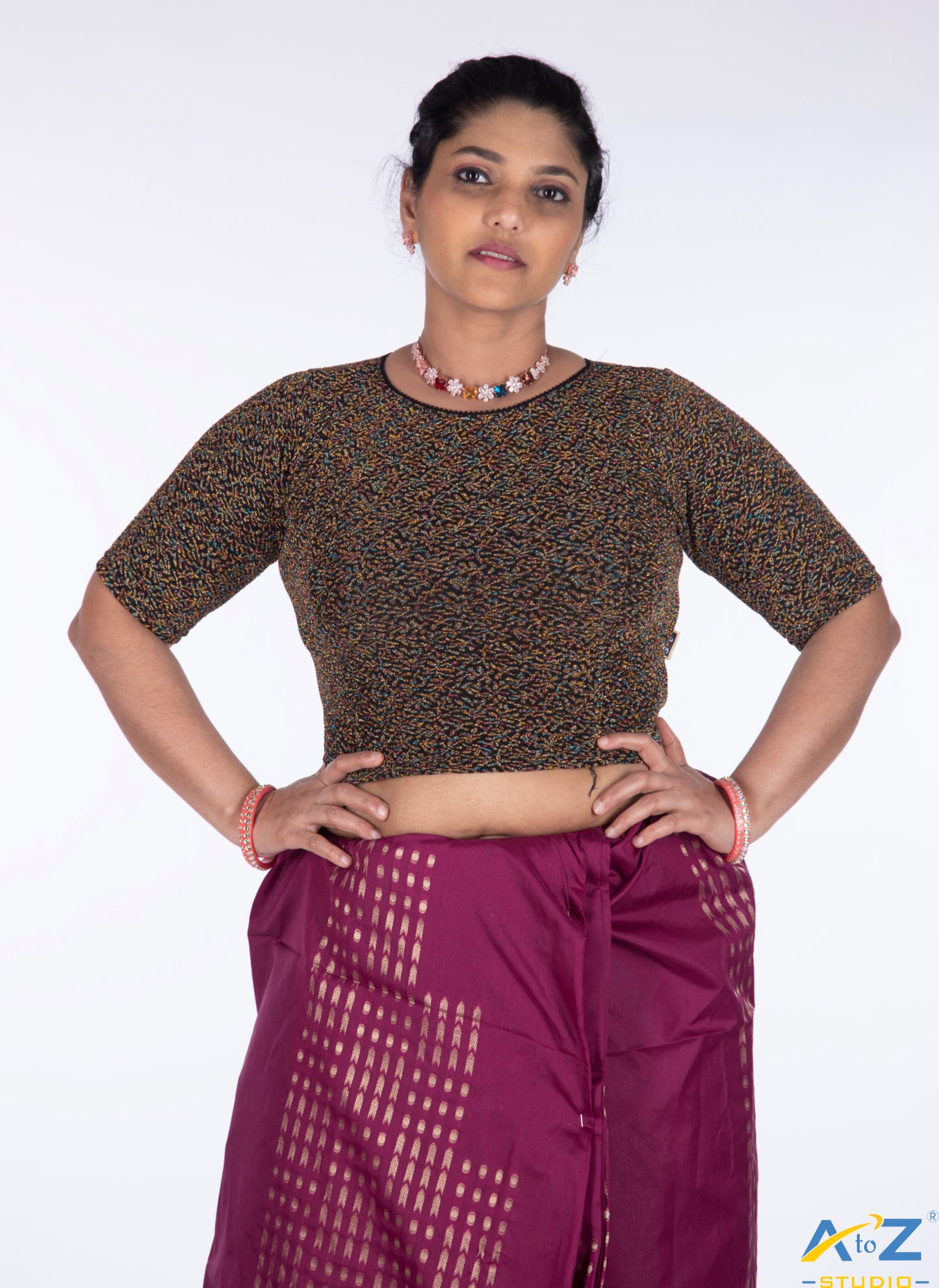 Black Metallic Lycra Boat Neck Blouse