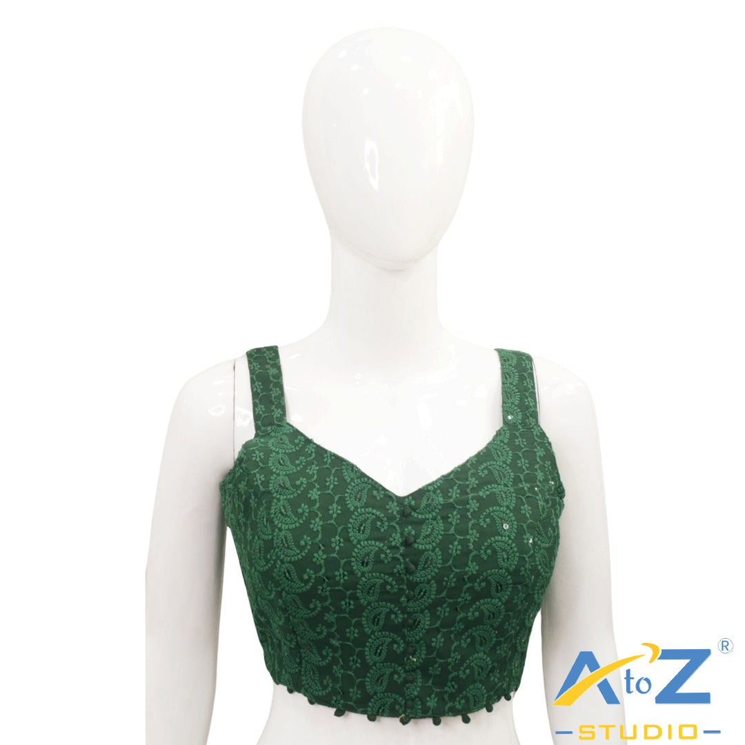 Dark Green Embroidered Cotton Blouse with Front Buttons