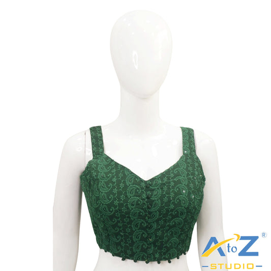Dark Green Embroidered Cotton Blouse with Front Buttons