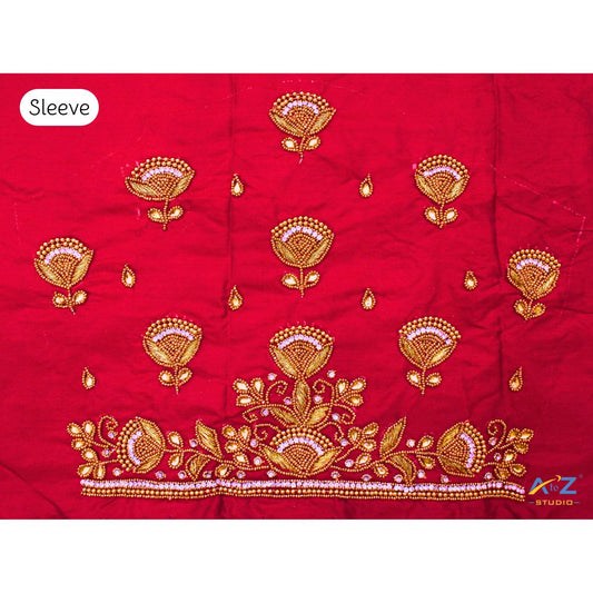 Cherry Red Silk Blouse Piece With Aari Work