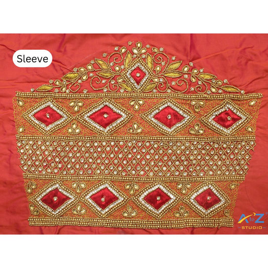 Tomato Silk Blouse Piece With Aari Work