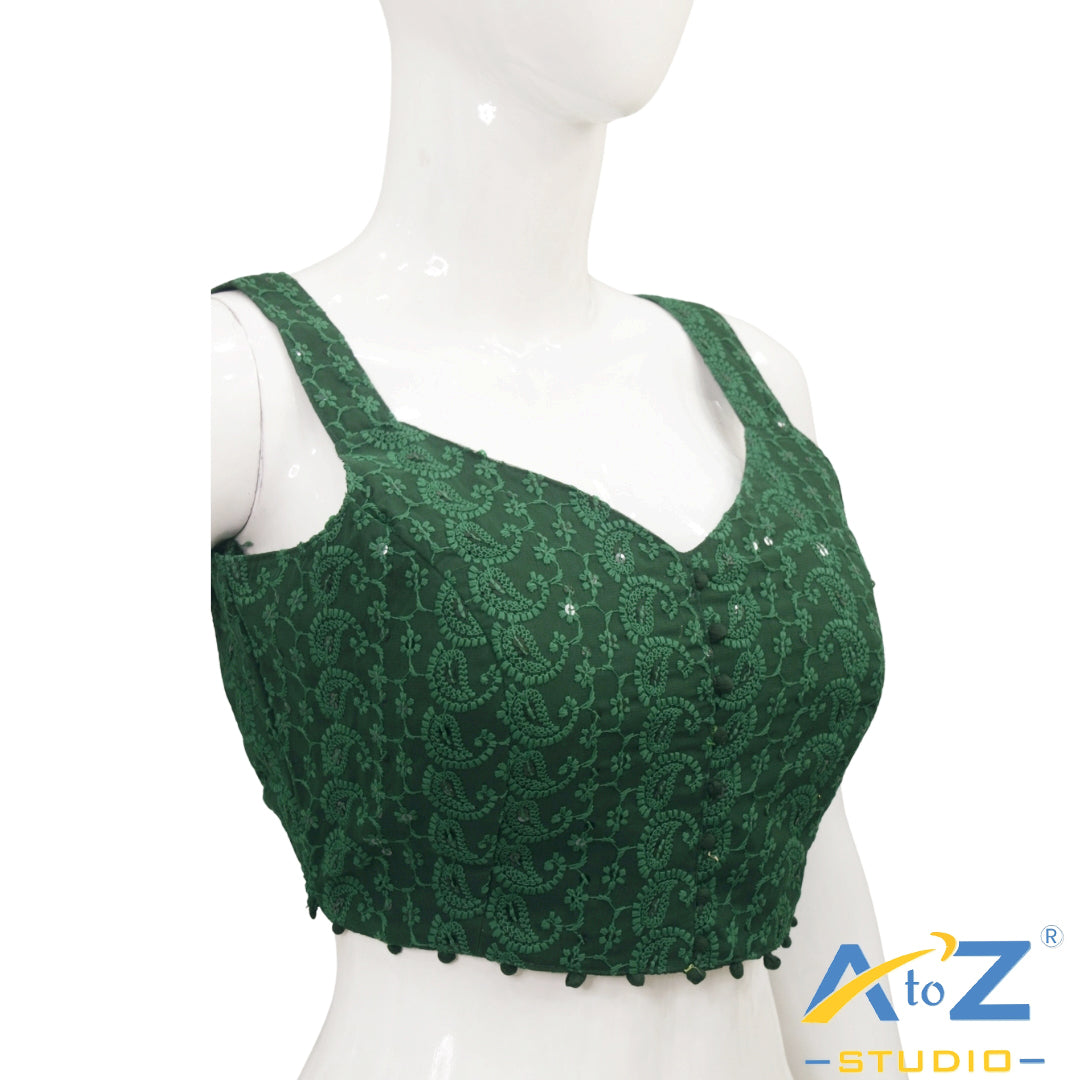 Dark Green Embroidered Cotton Blouse with Front Buttons