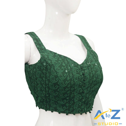 Dark Green Embroidered Cotton Blouse with Front Buttons