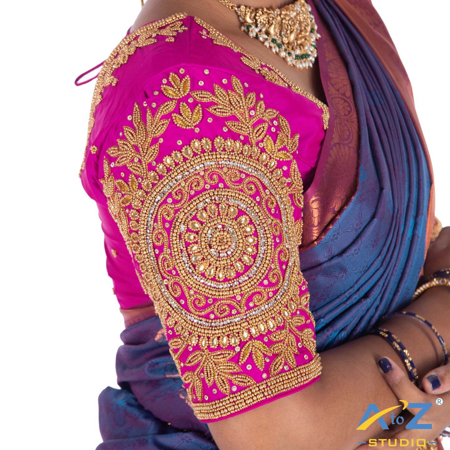 Fuchsia Silk  Blouse with Circle and kundan work Design