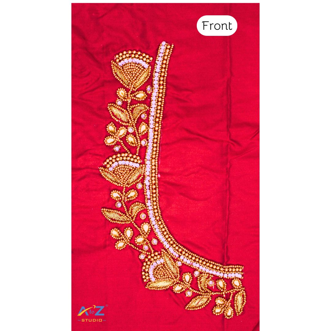 Cherry Red Silk Blouse Piece With Aari Work