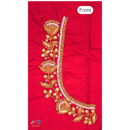 Cherry Red Silk Blouse Piece With Aari Work