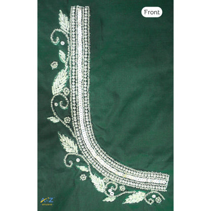Dark Forest Green Silk Blouse Piece With Aari Work (Silver Work)